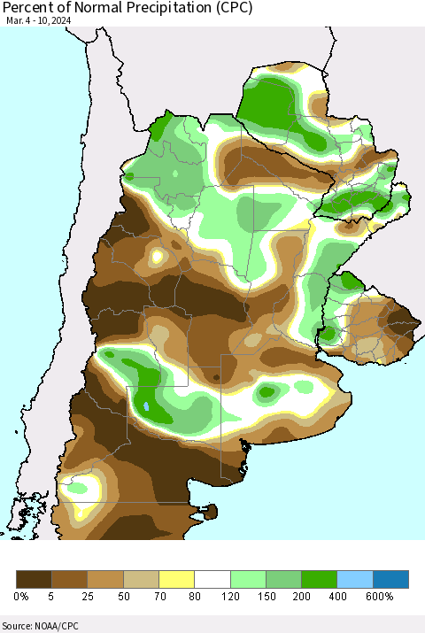 Southern South America Percent of Normal Precipitation (CPC) Thematic Map For 3/4/2024 - 3/10/2024