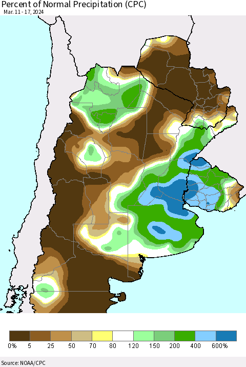 Southern South America Percent of Normal Precipitation (CPC) Thematic Map For 3/11/2024 - 3/17/2024