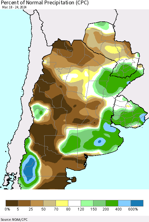 Southern South America Percent of Normal Precipitation (CPC) Thematic Map For 3/18/2024 - 3/24/2024