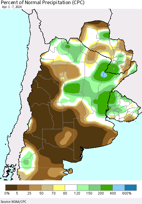 Southern South America Percent of Normal Precipitation (CPC) Thematic Map For 4/1/2024 - 4/7/2024