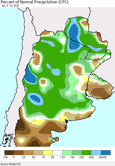 Southern South America Percent of Normal Precipitation (CPC) Thematic Map For 4/8/2024 - 4/14/2024