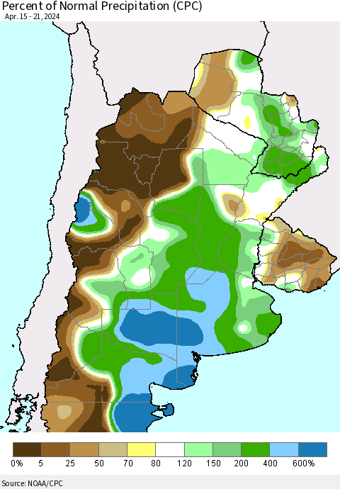 Southern South America Percent of Normal Precipitation (CPC) Thematic Map For 4/15/2024 - 4/21/2024