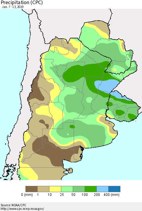 Southern South America Precipitation (CPC) Thematic Map For 1/7/2019 - 1/13/2019