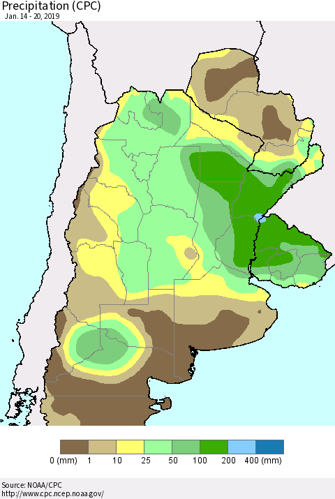 Southern South America Precipitation (CPC) Thematic Map For 1/14/2019 - 1/20/2019