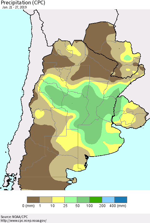 Southern South America Precipitation (CPC) Thematic Map For 1/21/2019 - 1/27/2019