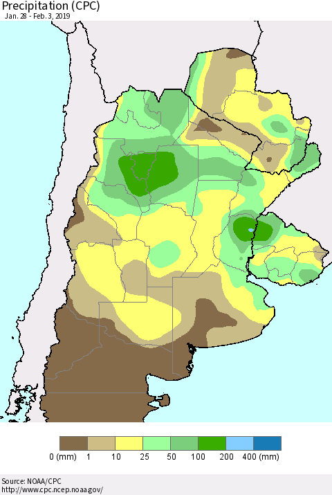 Southern South America Precipitation (CPC) Thematic Map For 1/28/2019 - 2/3/2019