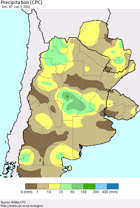 Southern South America Precipitation (CPC) Thematic Map For 12/30/2019 - 1/5/2020