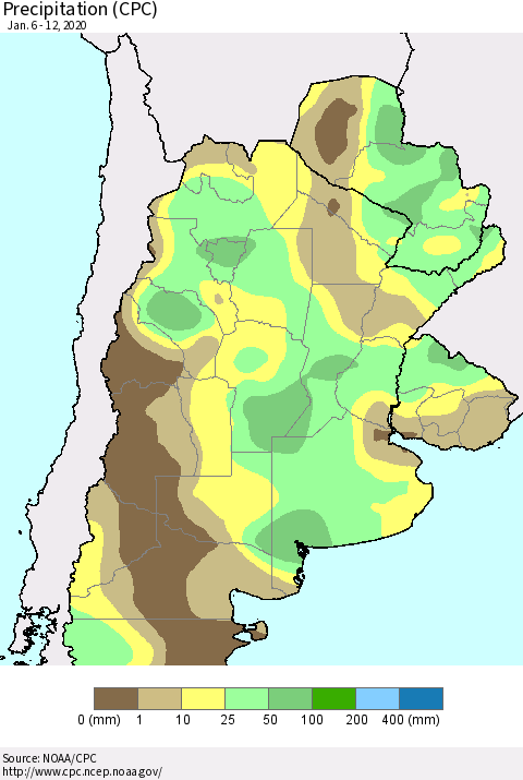 Southern South America Precipitation (CPC) Thematic Map For 1/6/2020 - 1/12/2020