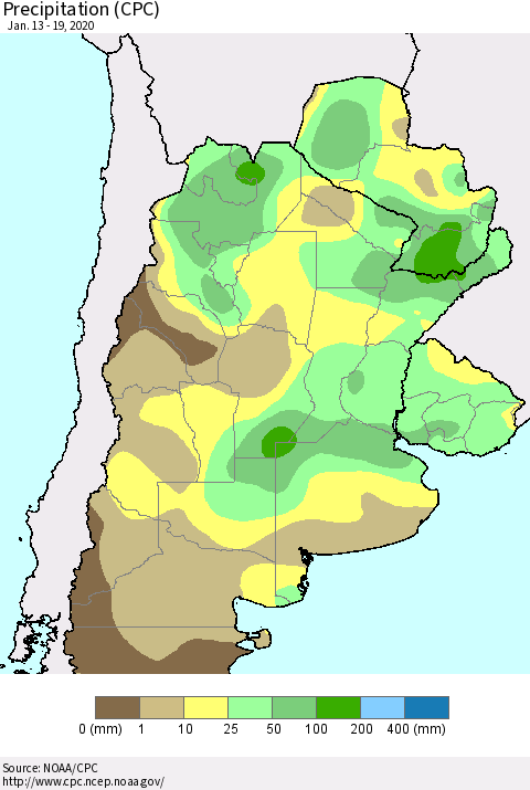 Southern South America Precipitation (CPC) Thematic Map For 1/13/2020 - 1/19/2020