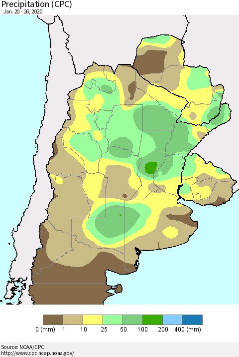 Southern South America Precipitation (CPC) Thematic Map For 1/20/2020 - 1/26/2020