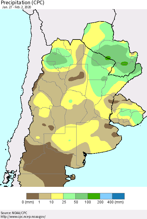 Southern South America Precipitation (CPC) Thematic Map For 1/27/2020 - 2/2/2020