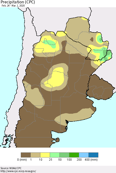 Southern South America Precipitation (CPC) Thematic Map For 2/24/2020 - 3/1/2020