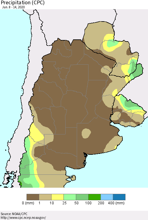 Southern South America Precipitation (CPC) Thematic Map For 6/8/2020 - 6/14/2020