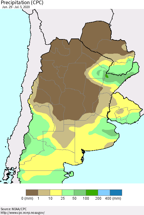 Southern South America Precipitation (CPC) Thematic Map For 6/29/2020 - 7/5/2020
