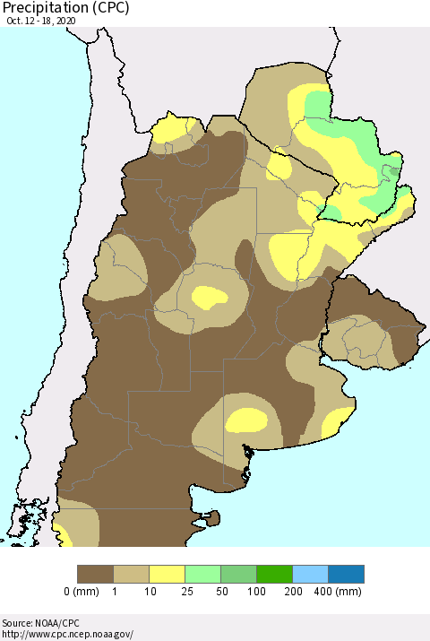 Southern South America Precipitation (CPC) Thematic Map For 10/12/2020 - 10/18/2020