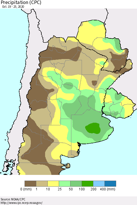 Southern South America Precipitation (CPC) Thematic Map For 10/19/2020 - 10/25/2020