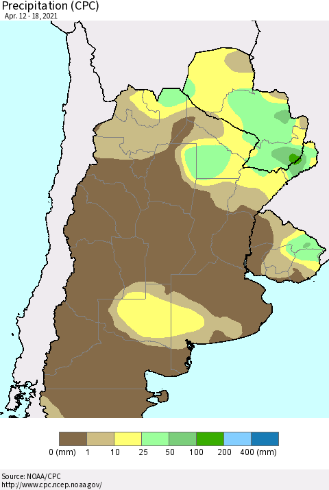 Southern South America Precipitation (CPC) Thematic Map For 4/12/2021 - 4/18/2021