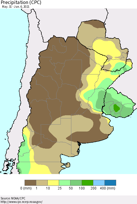 Southern South America Precipitation (CPC) Thematic Map For 5/31/2021 - 6/6/2021