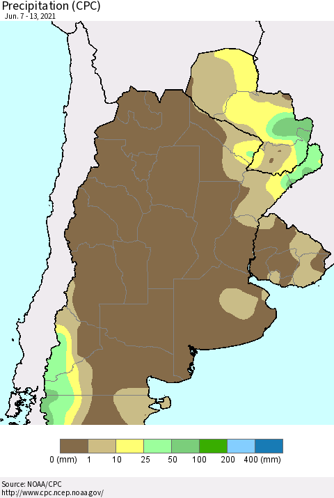 Southern South America Precipitation (CPC) Thematic Map For 6/7/2021 - 6/13/2021