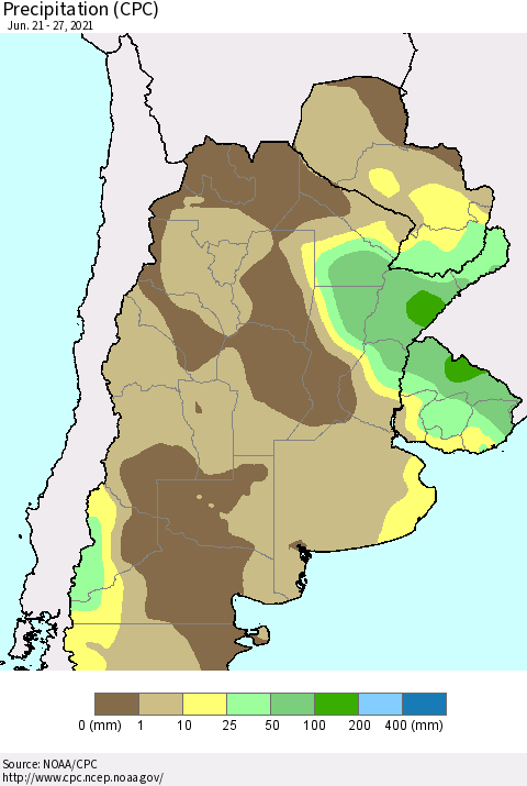 Southern South America Precipitation (CPC) Thematic Map For 6/21/2021 - 6/27/2021