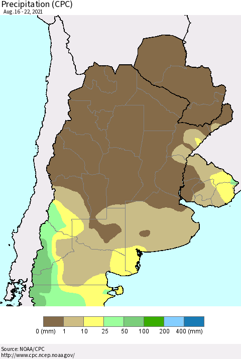 Southern South America Precipitation (CPC) Thematic Map For 8/16/2021 - 8/22/2021