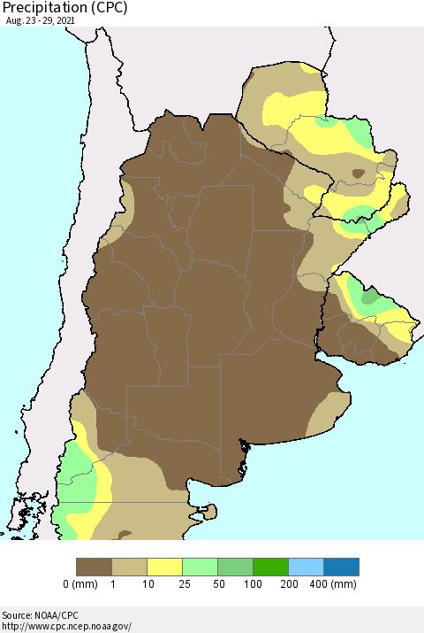 Southern South America Precipitation (CPC) Thematic Map For 8/23/2021 - 8/29/2021