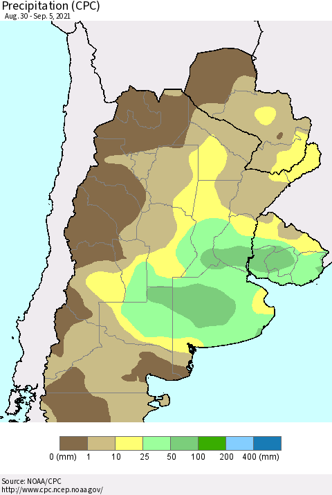 Southern South America Precipitation (CPC) Thematic Map For 8/30/2021 - 9/5/2021