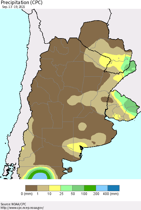 Southern South America Precipitation (CPC) Thematic Map For 9/13/2021 - 9/19/2021