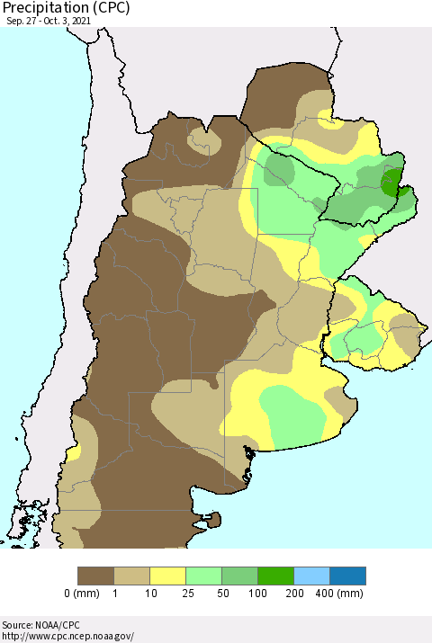 Southern South America Precipitation (CPC) Thematic Map For 9/27/2021 - 10/3/2021