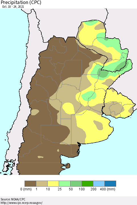 Southern South America Precipitation (CPC) Thematic Map For 10/18/2021 - 10/24/2021
