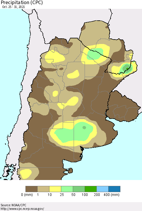 Southern South America Precipitation (CPC) Thematic Map For 10/25/2021 - 10/31/2021