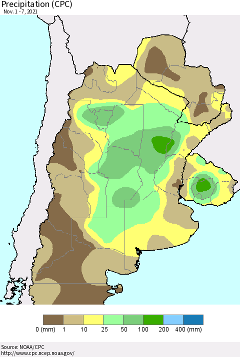 Southern South America Precipitation (CPC) Thematic Map For 11/1/2021 - 11/7/2021