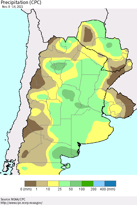 Southern South America Precipitation (CPC) Thematic Map For 11/8/2021 - 11/14/2021
