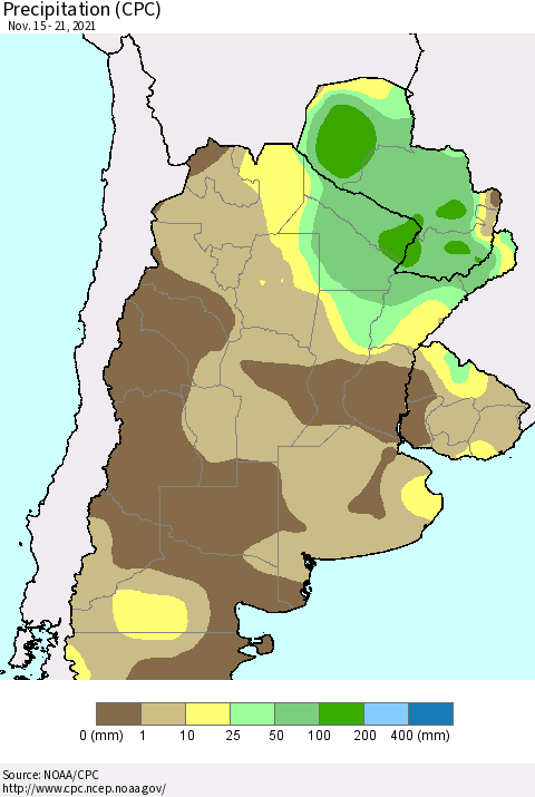 Southern South America Precipitation (CPC) Thematic Map For 11/15/2021 - 11/21/2021