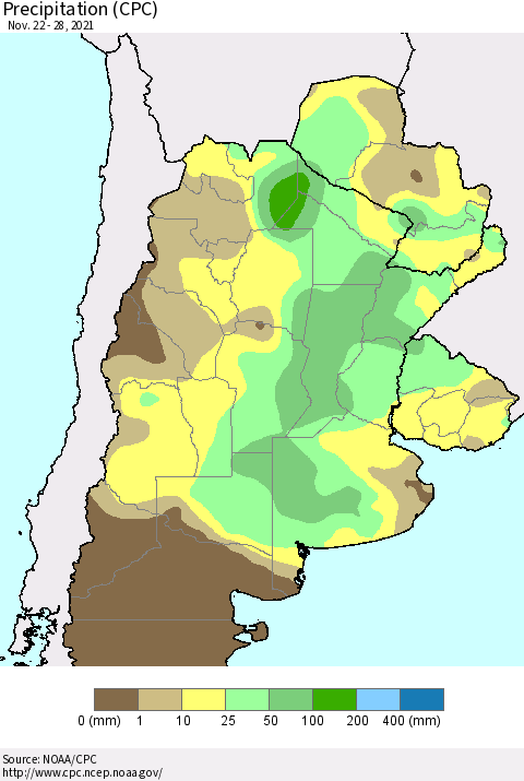 Southern South America Precipitation (CPC) Thematic Map For 11/22/2021 - 11/28/2021