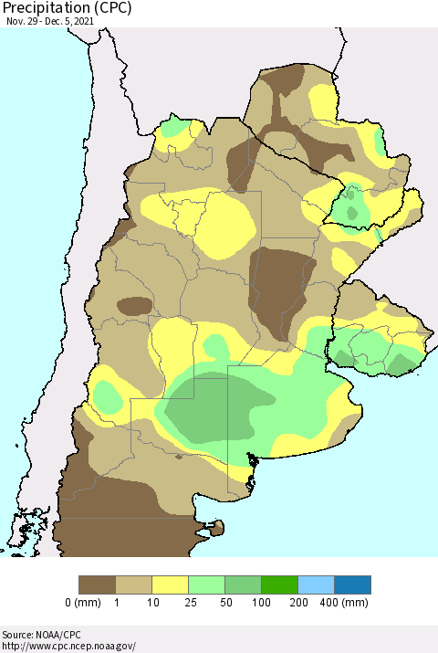 Southern South America Precipitation (CPC) Thematic Map For 11/29/2021 - 12/5/2021