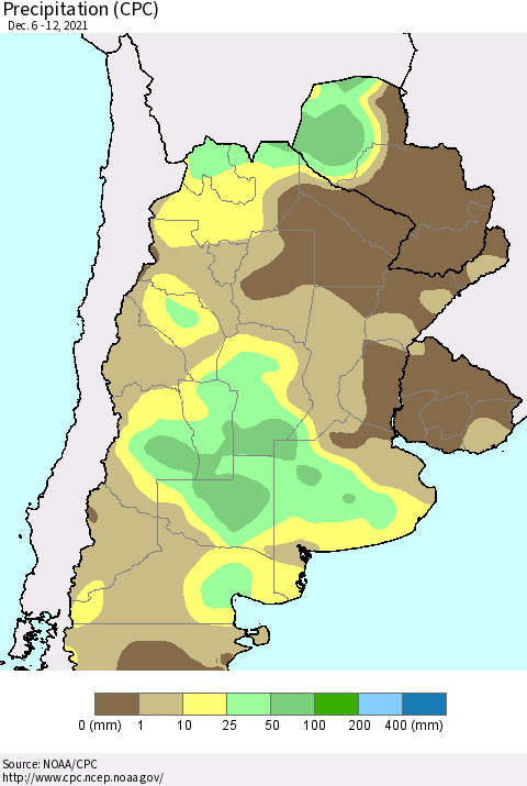 Southern South America Precipitation (CPC) Thematic Map For 12/6/2021 - 12/12/2021