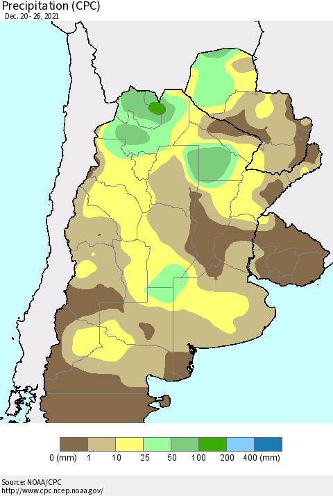 Southern South America Precipitation (CPC) Thematic Map For 12/20/2021 - 12/26/2021