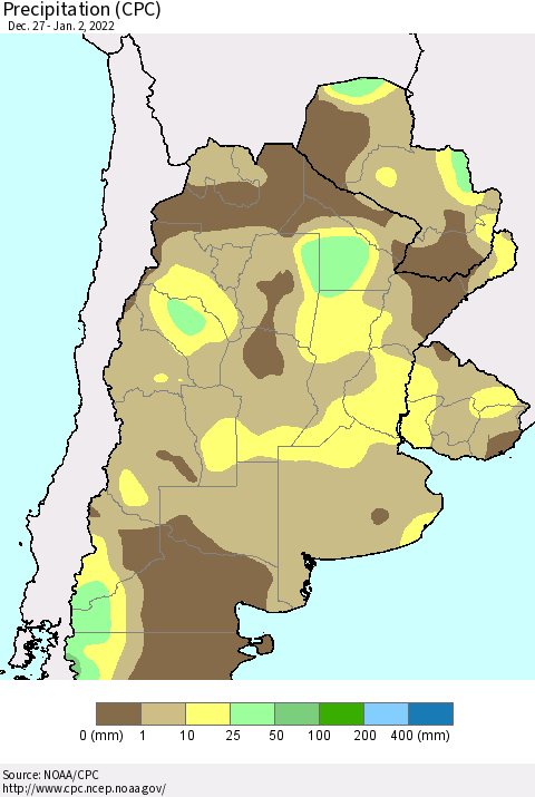 Southern South America Precipitation (CPC) Thematic Map For 12/27/2021 - 1/2/2022
