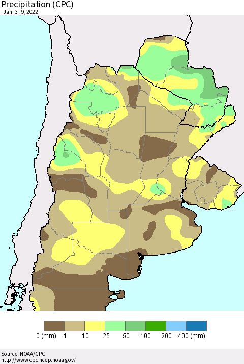 Southern South America Precipitation (CPC) Thematic Map For 1/3/2022 - 1/9/2022
