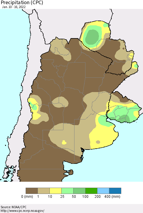 Southern South America Precipitation (CPC) Thematic Map For 1/10/2022 - 1/16/2022
