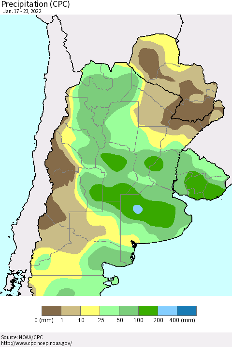 Southern South America Precipitation (CPC) Thematic Map For 1/17/2022 - 1/23/2022