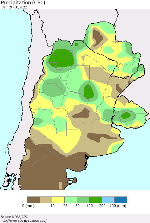 Southern South America Precipitation (CPC) Thematic Map For 1/24/2022 - 1/30/2022