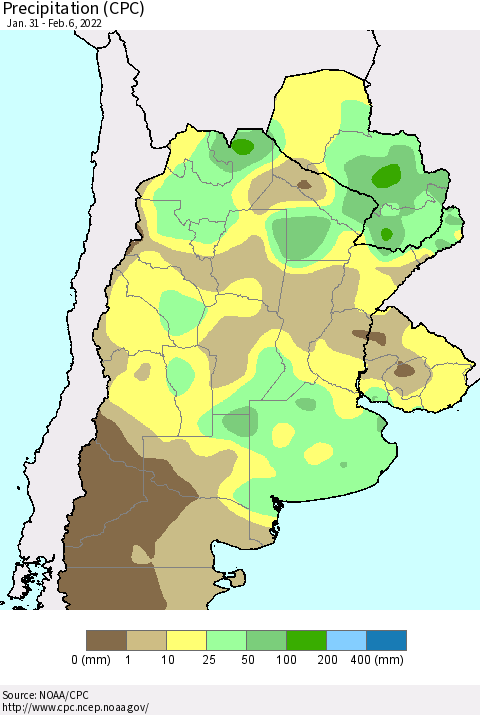 Southern South America Precipitation (CPC) Thematic Map For 1/31/2022 - 2/6/2022