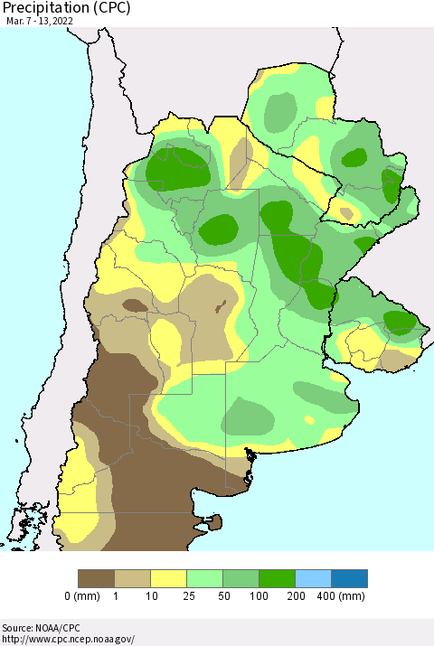 Southern South America Precipitation (CPC) Thematic Map For 3/7/2022 - 3/13/2022