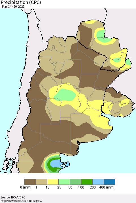 Southern South America Precipitation (CPC) Thematic Map For 3/14/2022 - 3/20/2022