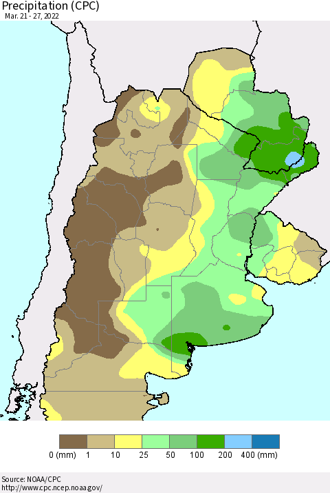 Southern South America Precipitation (CPC) Thematic Map For 3/21/2022 - 3/27/2022
