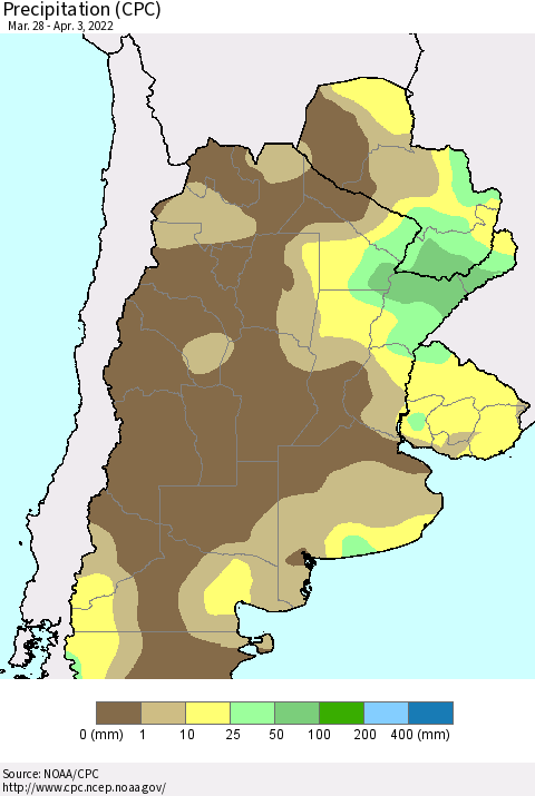 Southern South America Precipitation (CPC) Thematic Map For 3/28/2022 - 4/3/2022