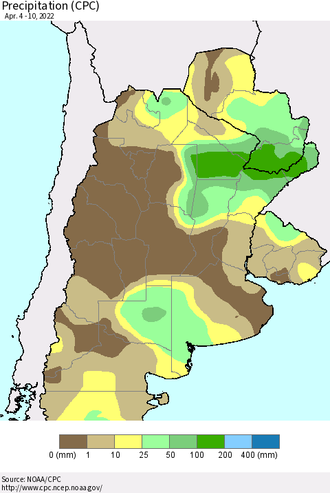 Southern South America Precipitation (CPC) Thematic Map For 4/4/2022 - 4/10/2022