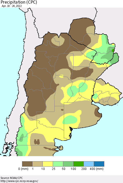 Southern South America Precipitation (CPC) Thematic Map For 4/18/2022 - 4/24/2022